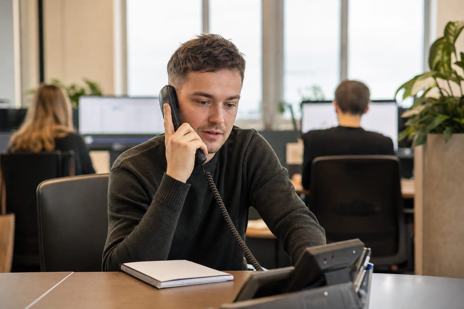 Recruiter im Büro am Telefon, daneben Notizblock und Tischapparat