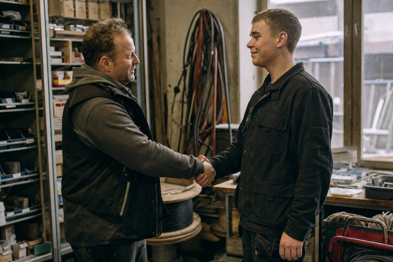 Handschlag zwischen zwei Handwerkern in der Werkstatt